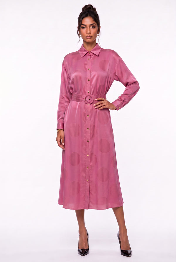 Shirt Collar Polka Dot Belted Midi Dress Fuchsia