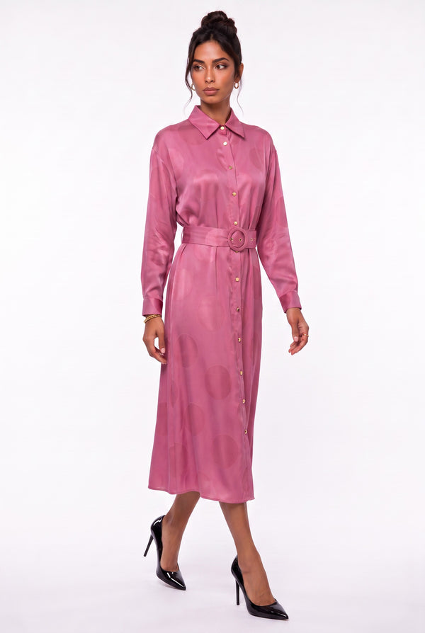 Shirt Collar Polka Dot Belted Midi Dress Fuchsia