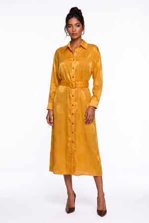 Shirt Collar Polka Dot Belted Midi Dress Orange