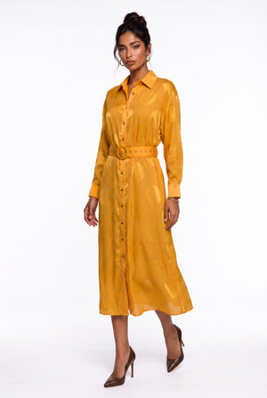 Shirt Collar Polka Dot Belted Midi Dress Orange