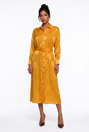 Shirt Collar Polka Dot Belted Midi Dress Orange