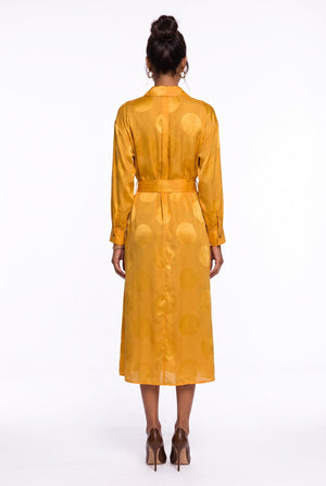 Shirt Collar Polka Dot Belted Midi Dress Orange