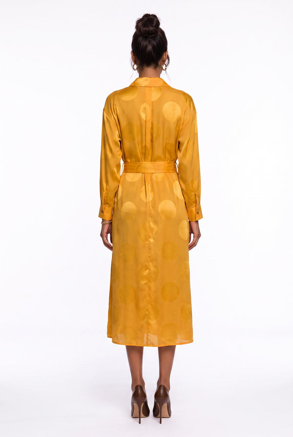 Shirt Collar Polka Dot Belted Midi Dress Orange