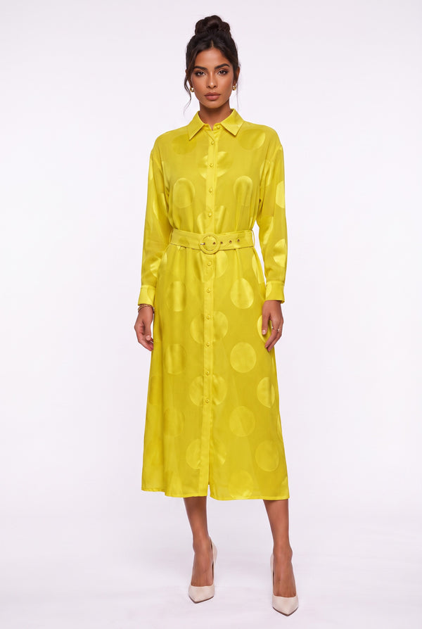 Shirt Collar Polka Dot Belted Midi Dress Yellow