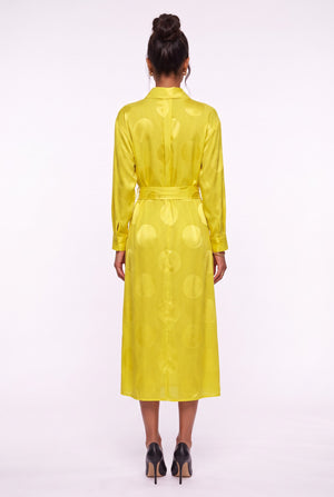 Shirt Collar Polka Dot Belted Midi Dress Yellow