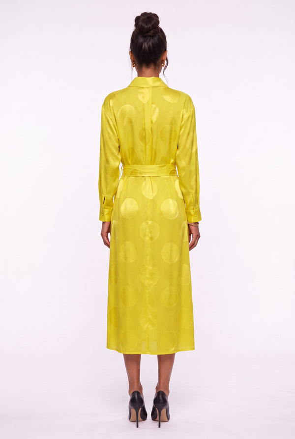 Shirt Collar Polka Dot Belted Midi Dress Yellow