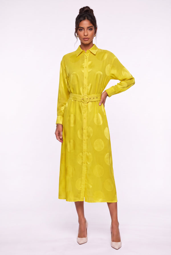 Shirt Collar Polka Dot Belted Midi Dress Yellow