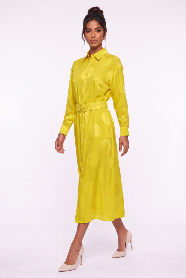 Shirt Collar Polka Dot Belted Midi Dress Yellow