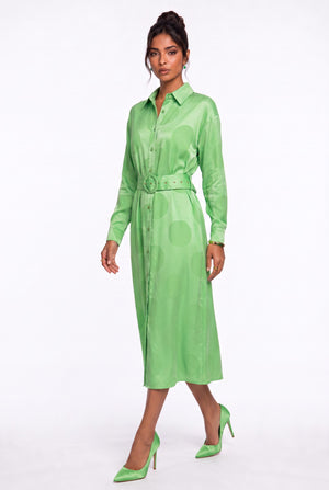 Green Shirt Collar Polka Dot Belted Midi Dress