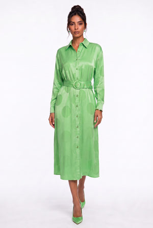 Green Shirt Collar Polka Dot Belted Midi Dress
