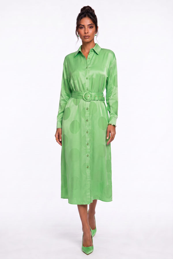Green Shirt Collar Polka Dot Belted Midi Dress