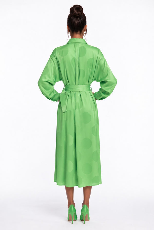 Green Shirt Collar Polka Dot Belted Midi Dress