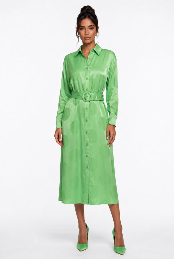Green Shirt Collar Polka Dot Belted Midi Dress