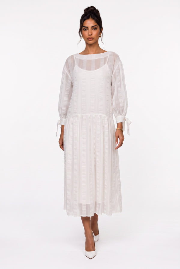 Crew Neck Striped Detailed Tie-Sleeve Midi Dress Ecru