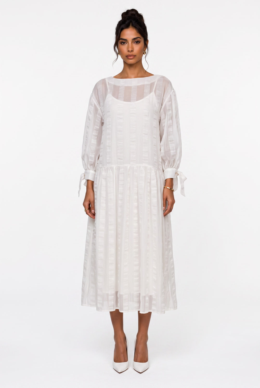 Crew Neck Striped Detailed Tie-Sleeve Midi Dress Ecru