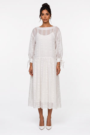 Crew Neck Striped Detailed Tie-Sleeve Midi Dress Ecru