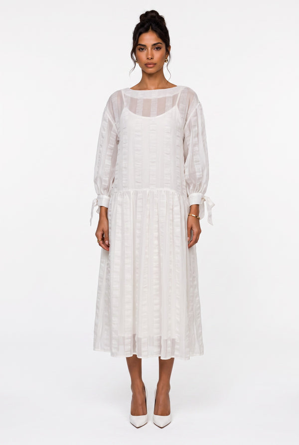 Crew Neck Striped Detailed Tie-Sleeve Midi Dress Ecru
