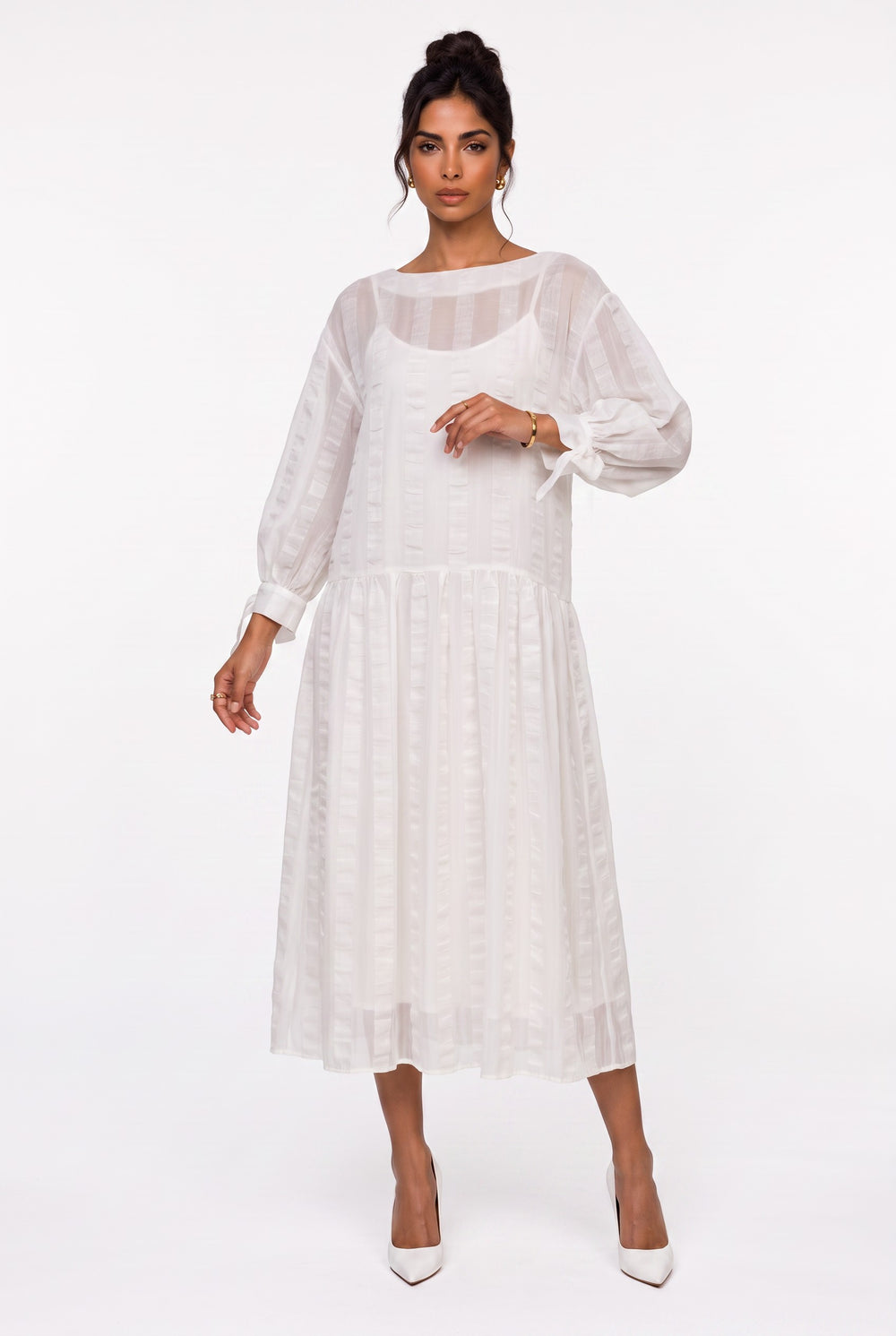 Crew Neck Striped Detailed Tie-Sleeve Midi Dress Ecru
