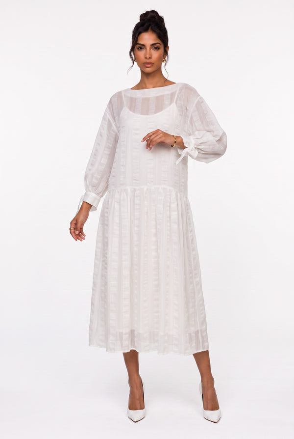 Crew Neck Striped Detailed Tie-Sleeve Midi Dress Ecru