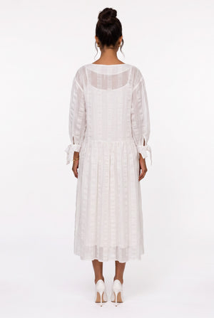 Crew Neck Striped Detailed Tie-Sleeve Midi Dress Ecru