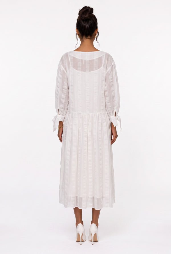Crew Neck Striped Detailed Tie-Sleeve Midi Dress Ecru