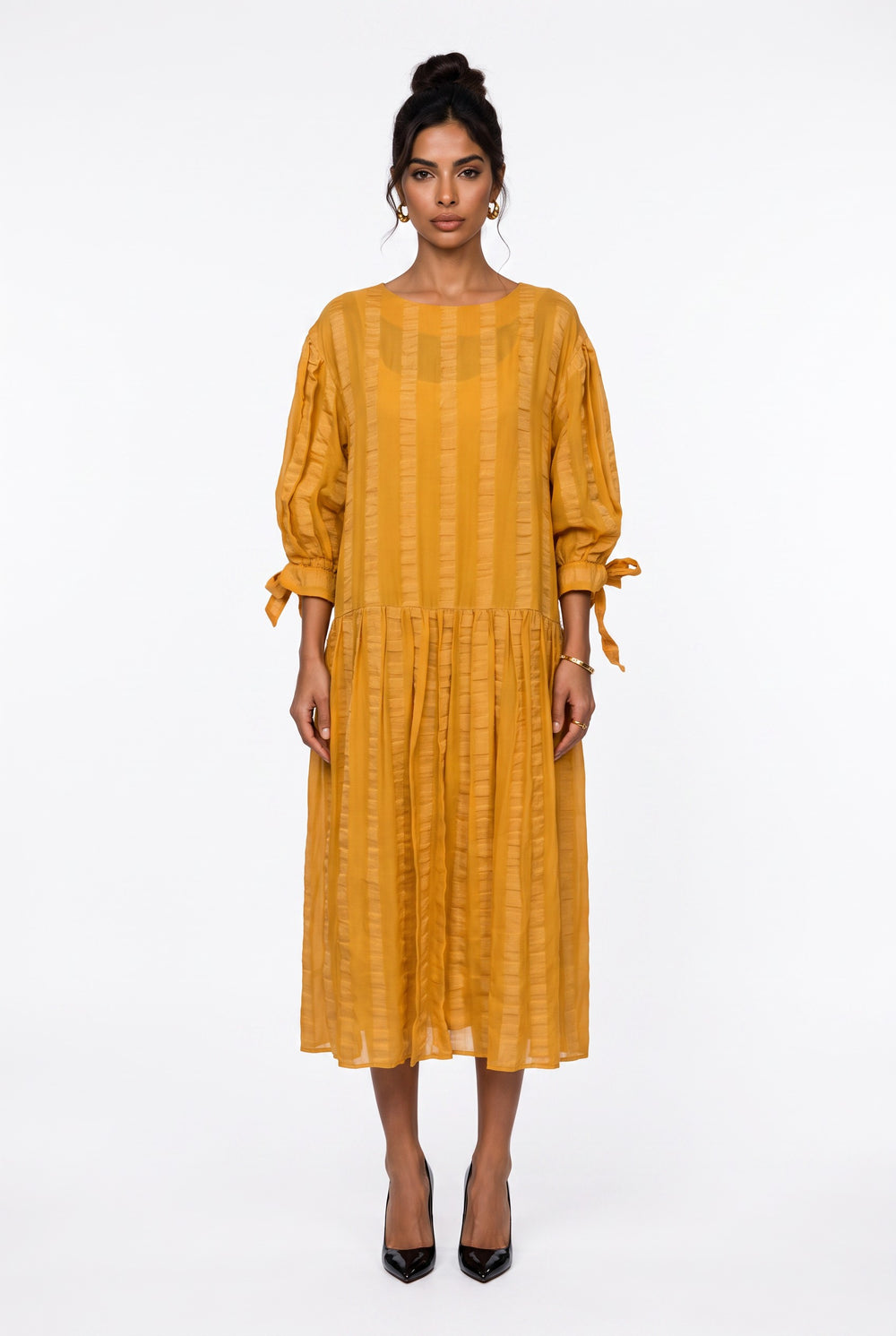 Crew Neck Striped Detail Tie-Sleeve Midi Dress Yellow
