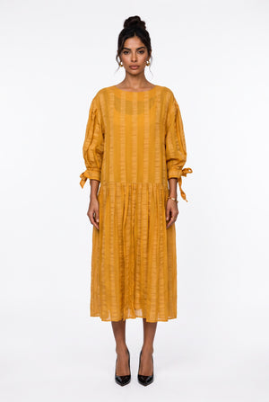 Crew Neck Striped Detail Tie-Sleeve Midi Dress Yellow