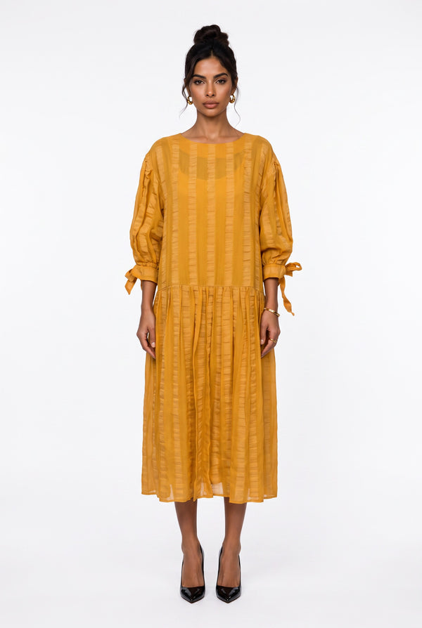 Crew Neck Striped Detail Tie-Sleeve Midi Dress Yellow