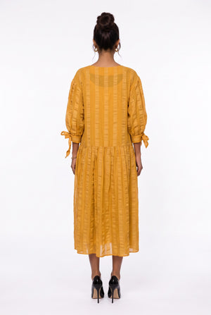 Crew Neck Striped Detail Tie-Sleeve Midi Dress Yellow