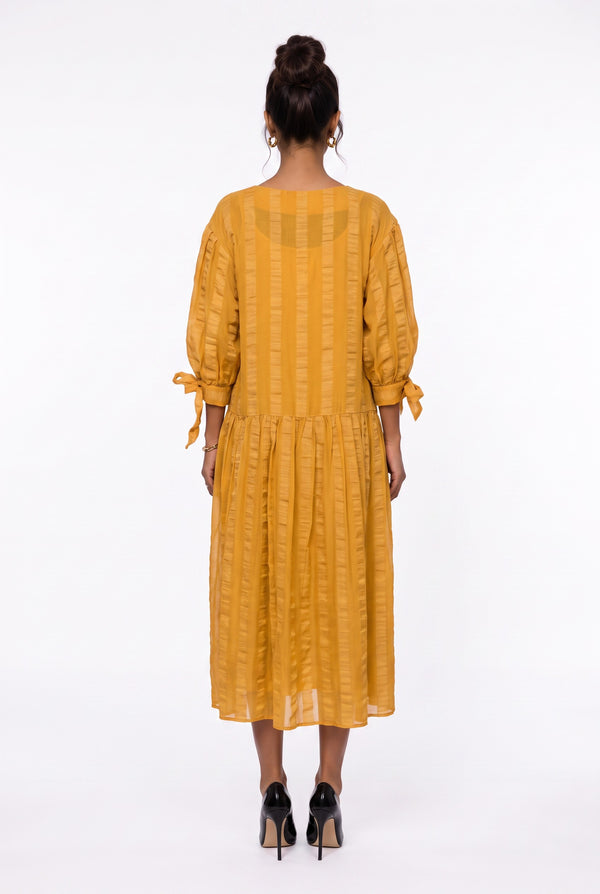 Crew Neck Striped Detail Tie-Sleeve Midi Dress Yellow