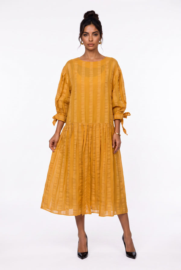 Crew Neck Striped Detail Tie-Sleeve Midi Dress Yellow