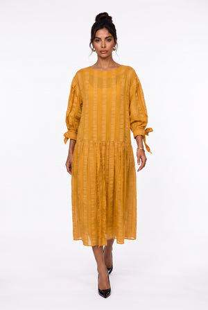 Crew Neck Striped Detail Tie-Sleeve Midi Dress Yellow