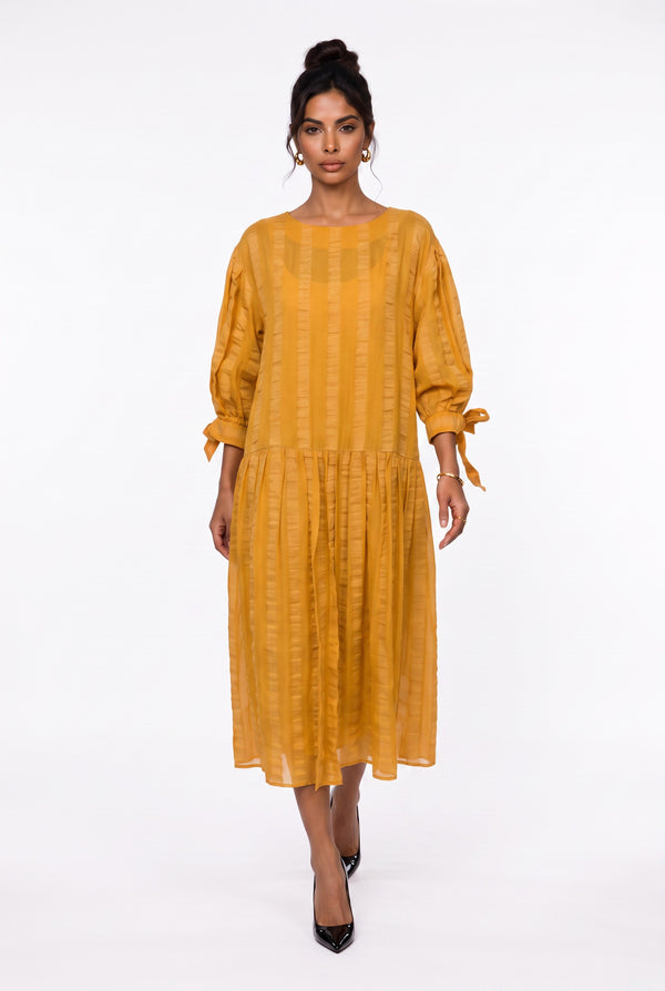 Crew Neck Striped Detail Tie-Sleeve Midi Dress Yellow