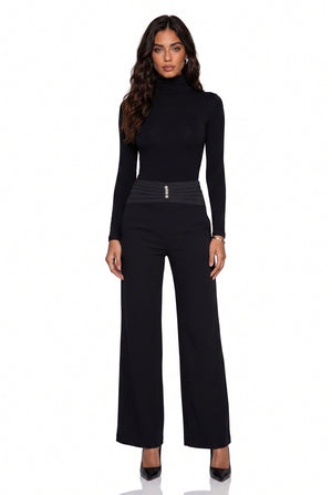 High-Waisted Button-Detail Wide-Leg Trousers Black