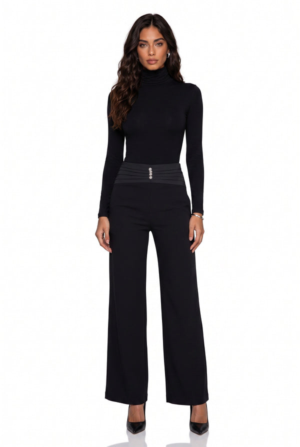 High-Waisted Button-Detail Wide-Leg Trousers Black