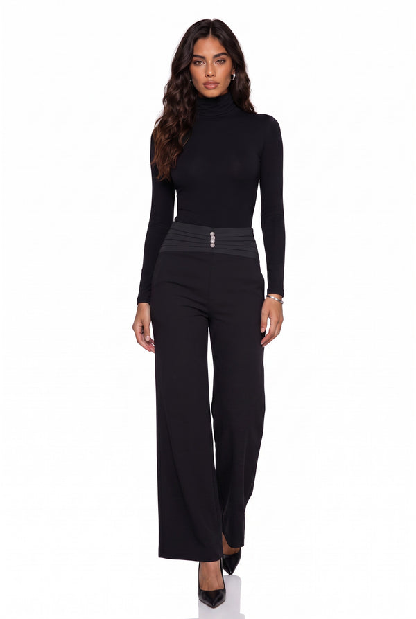 High-Waisted Button-Detail Wide-Leg Trousers Black