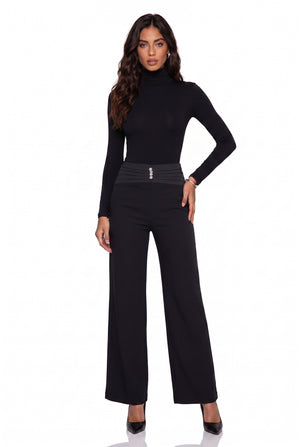 High-Waisted Button-Detail Wide-Leg Trousers Black