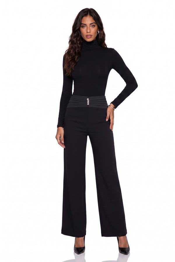 High-Waisted Button-Detail Wide-Leg Trousers Black