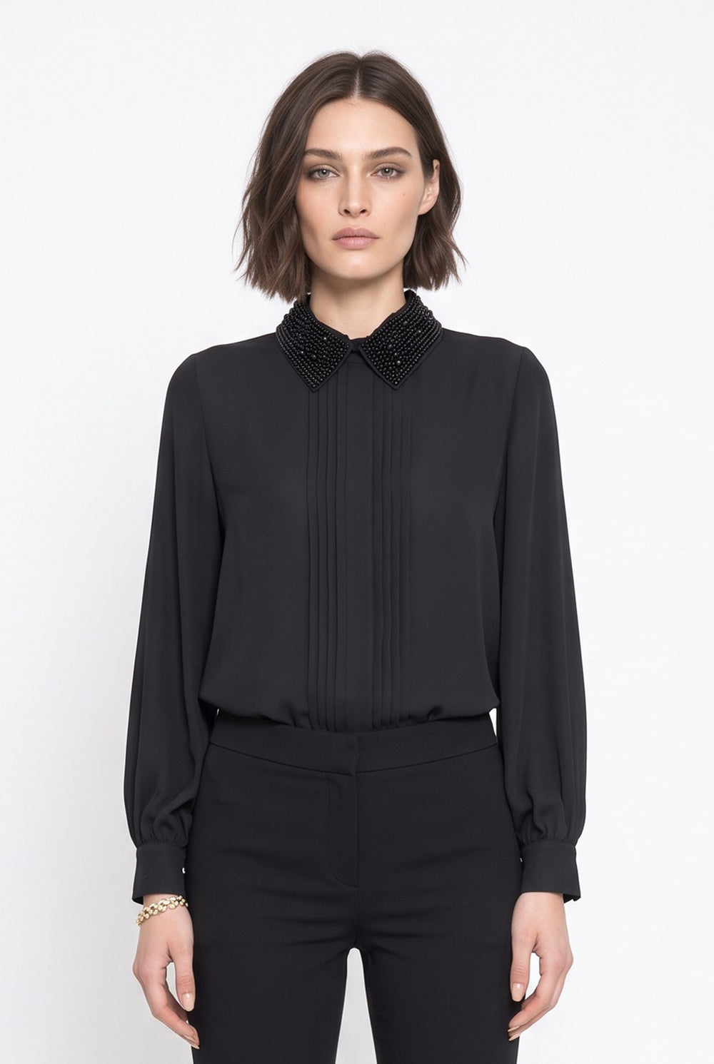Contrast Collar Balloon Sleeve Shirt Black