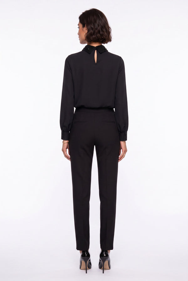 Contrast Collar Balloon Sleeve Shirt Black