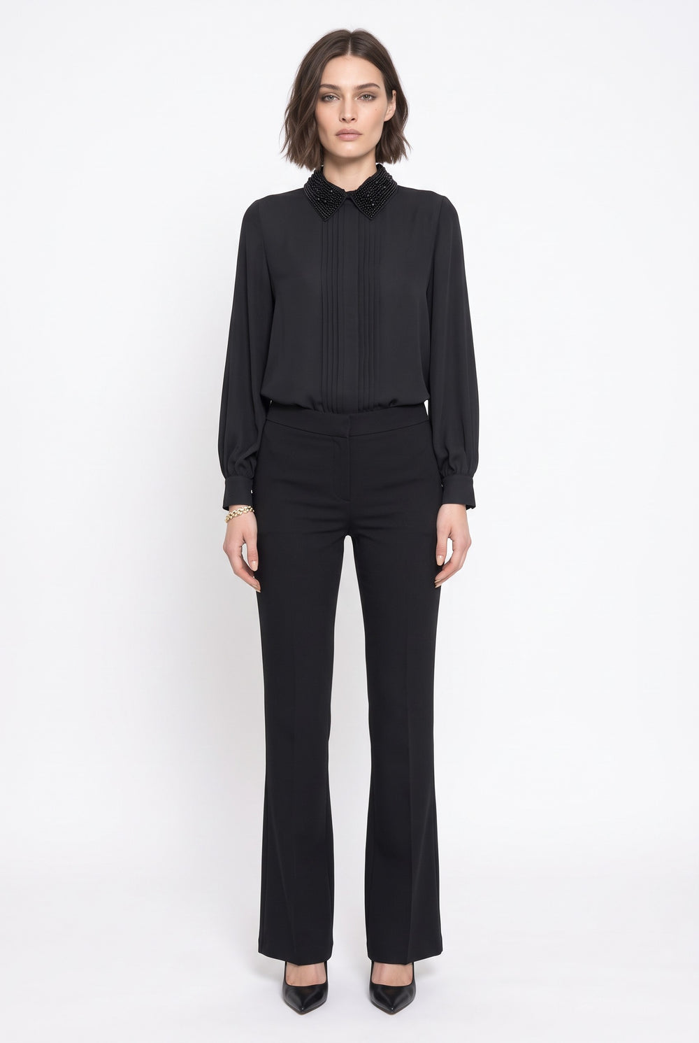 Contrast Collar Balloon Sleeve Shirt Black