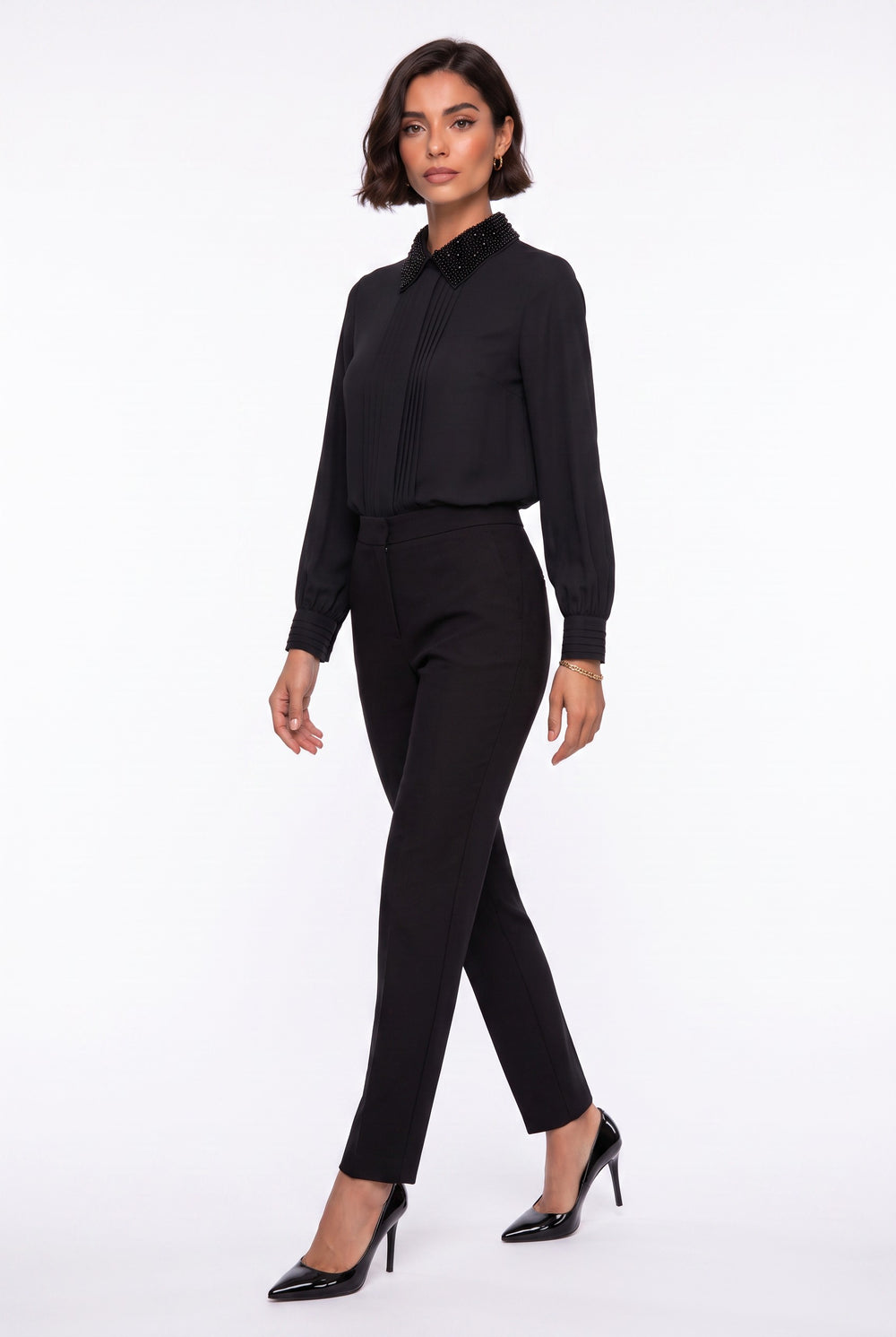 Contrast Collar Balloon Sleeve Shirt Black