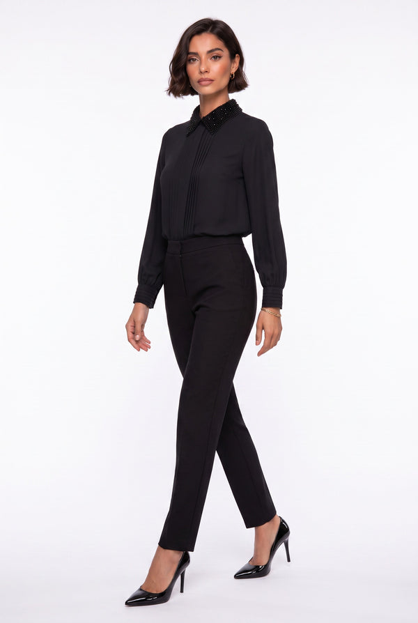 Contrast Collar Balloon Sleeve Shirt Black