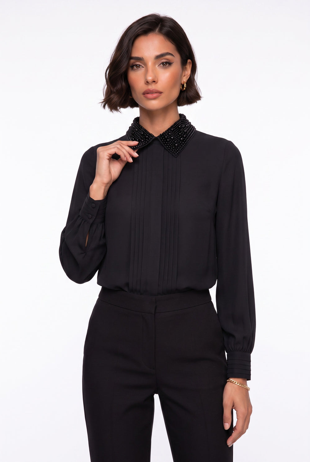 Contrast Collar Balloon Sleeve Shirt Black