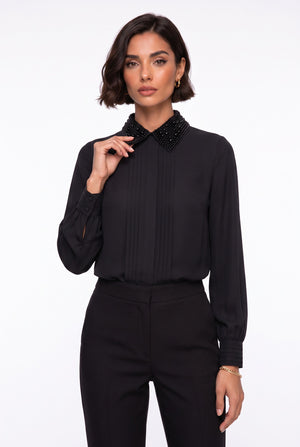 Contrast Collar Balloon Sleeve Shirt Black