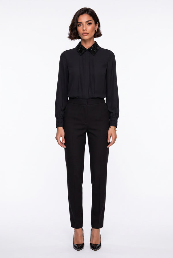 Contrast Collar Balloon Sleeve Shirt Black