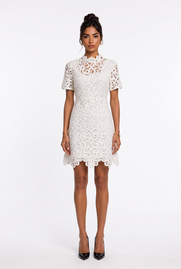 Ecru Lace Half-Neck Mini Dress