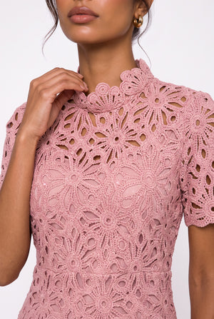 Full Lace Half-Neck Mini Dress Powder