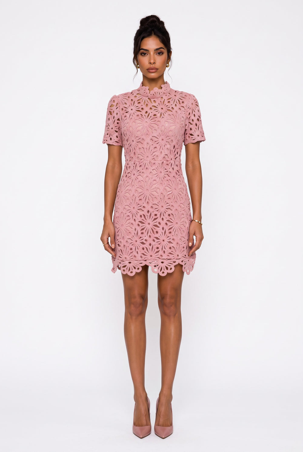 Full Lace Half-Neck Mini Dress Powder