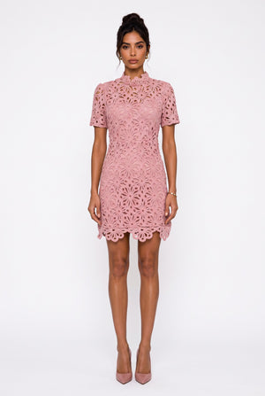 Full Lace Half-Neck Mini Dress Powder